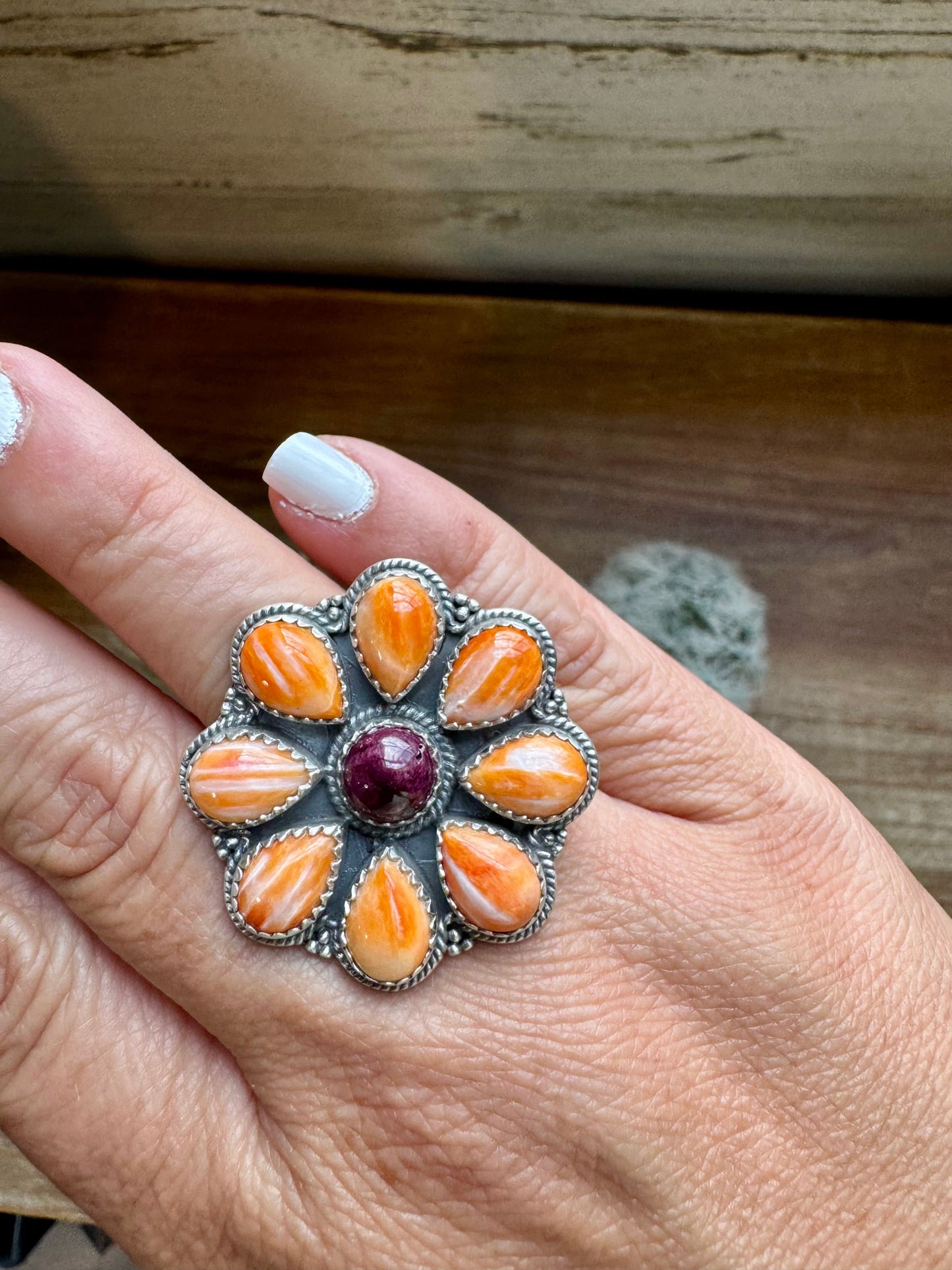 Cluster - Adjustable - orange and purple spiny and sterling silver