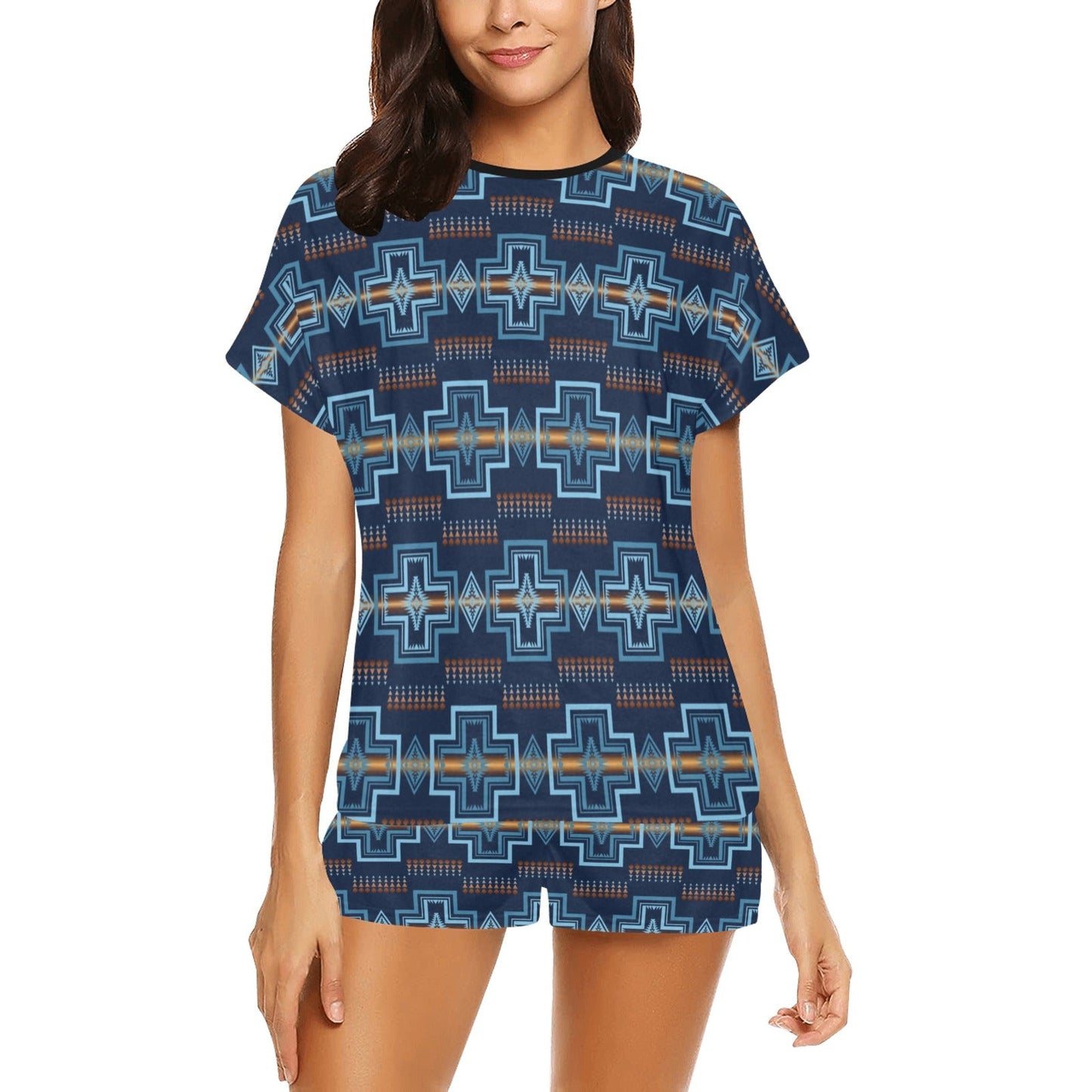 Navy Aztec Womens T Shirt Shorts Pajama Set