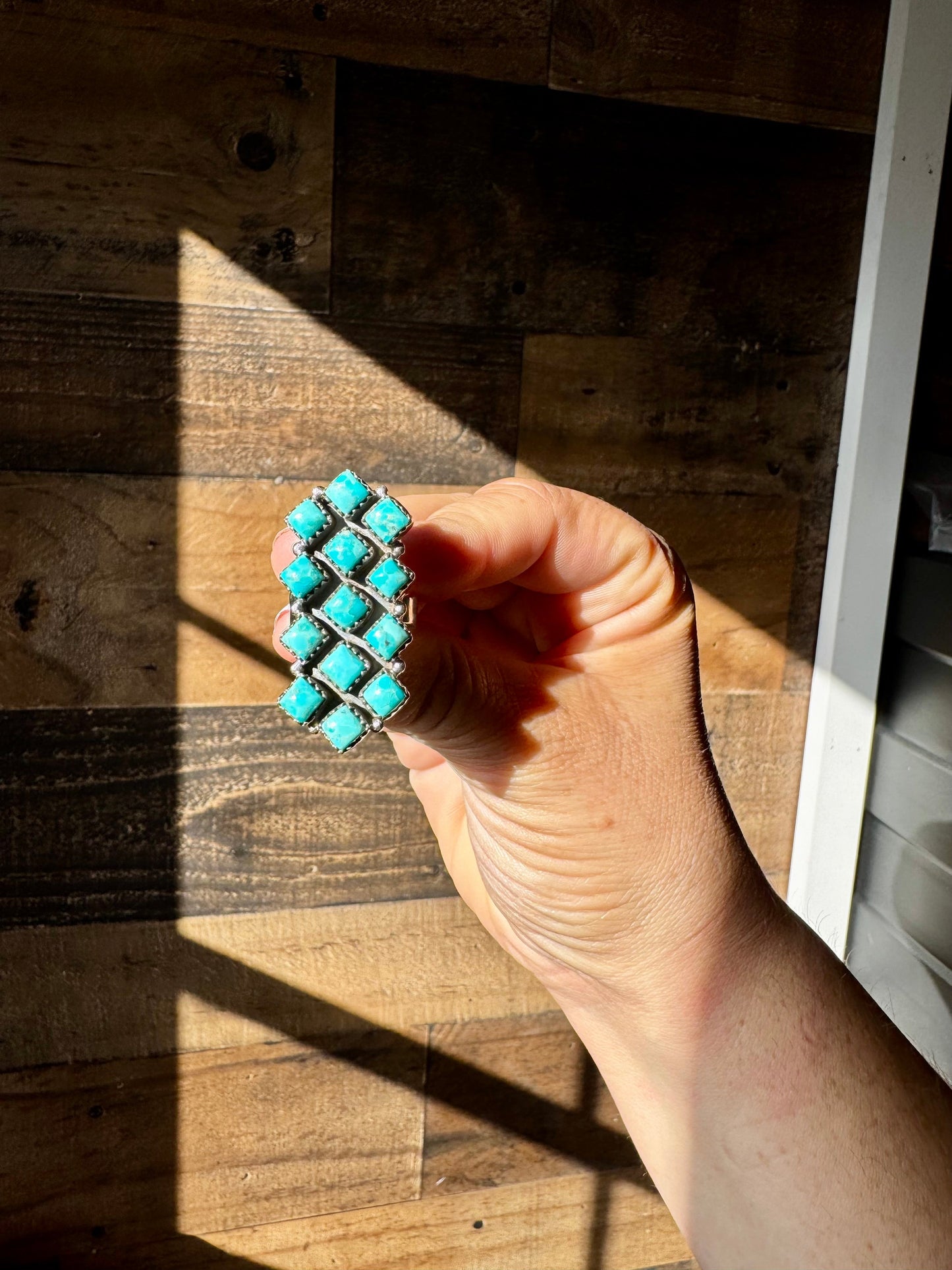 Long Ring- adjustable- multi stone Kingman turquoise ring and sterling silver