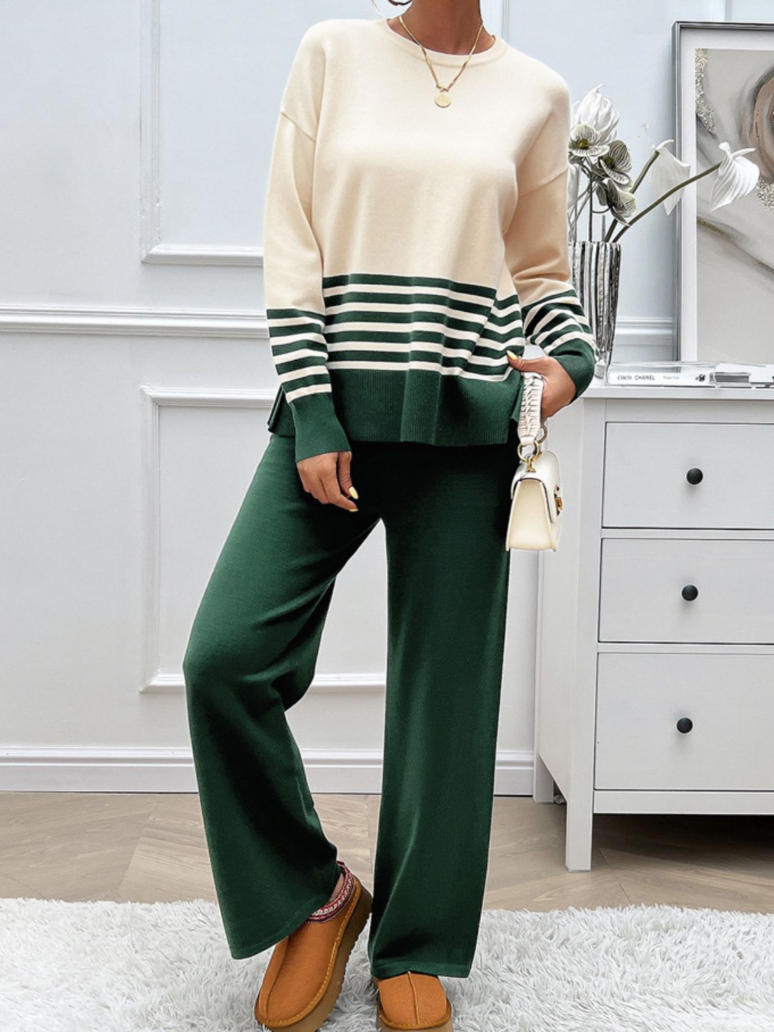 Devine Slit Striped Round Neck Top and Pants Sweater Set