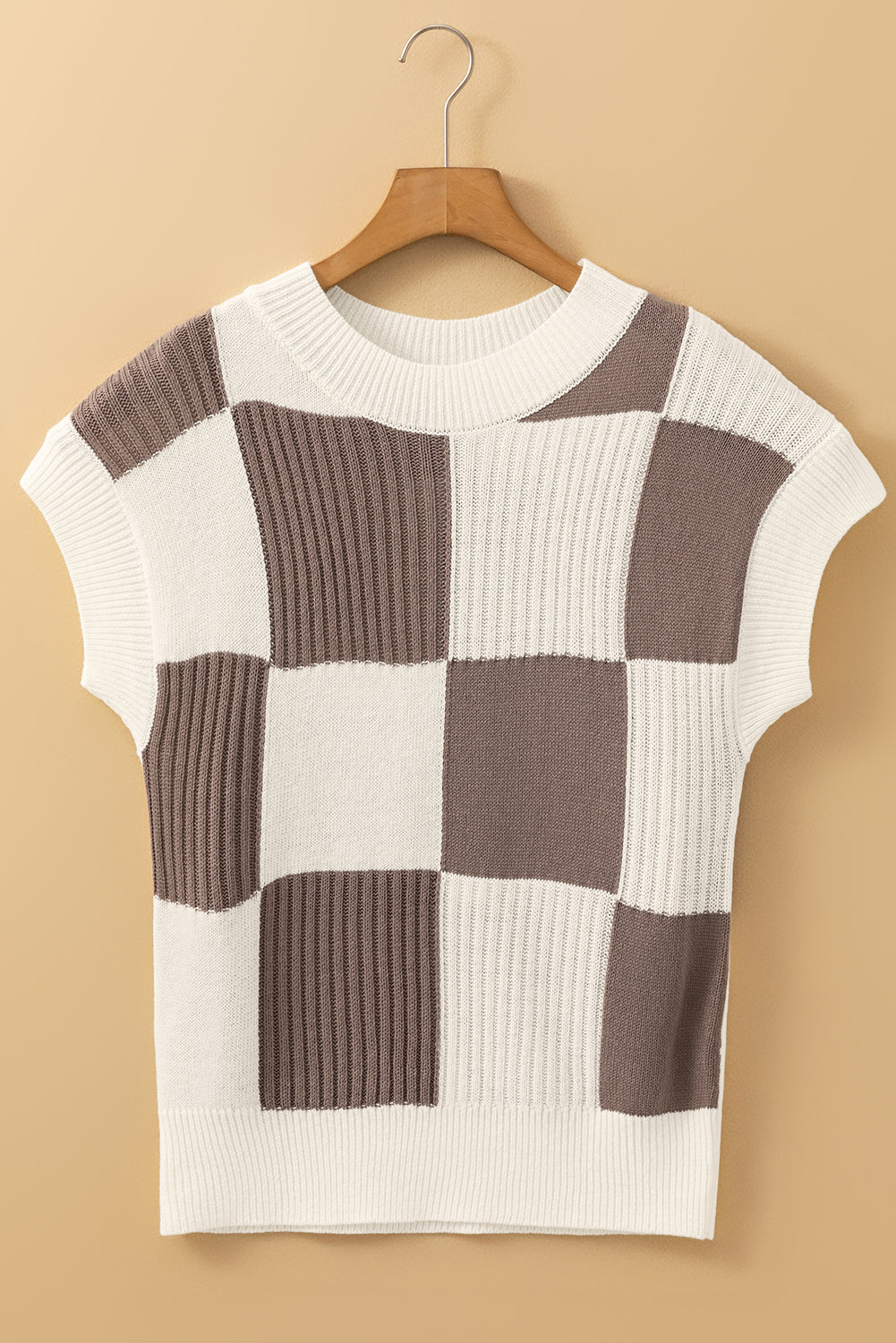 Black Checkered Color Block Crew Neck Short Sleeve Sweater