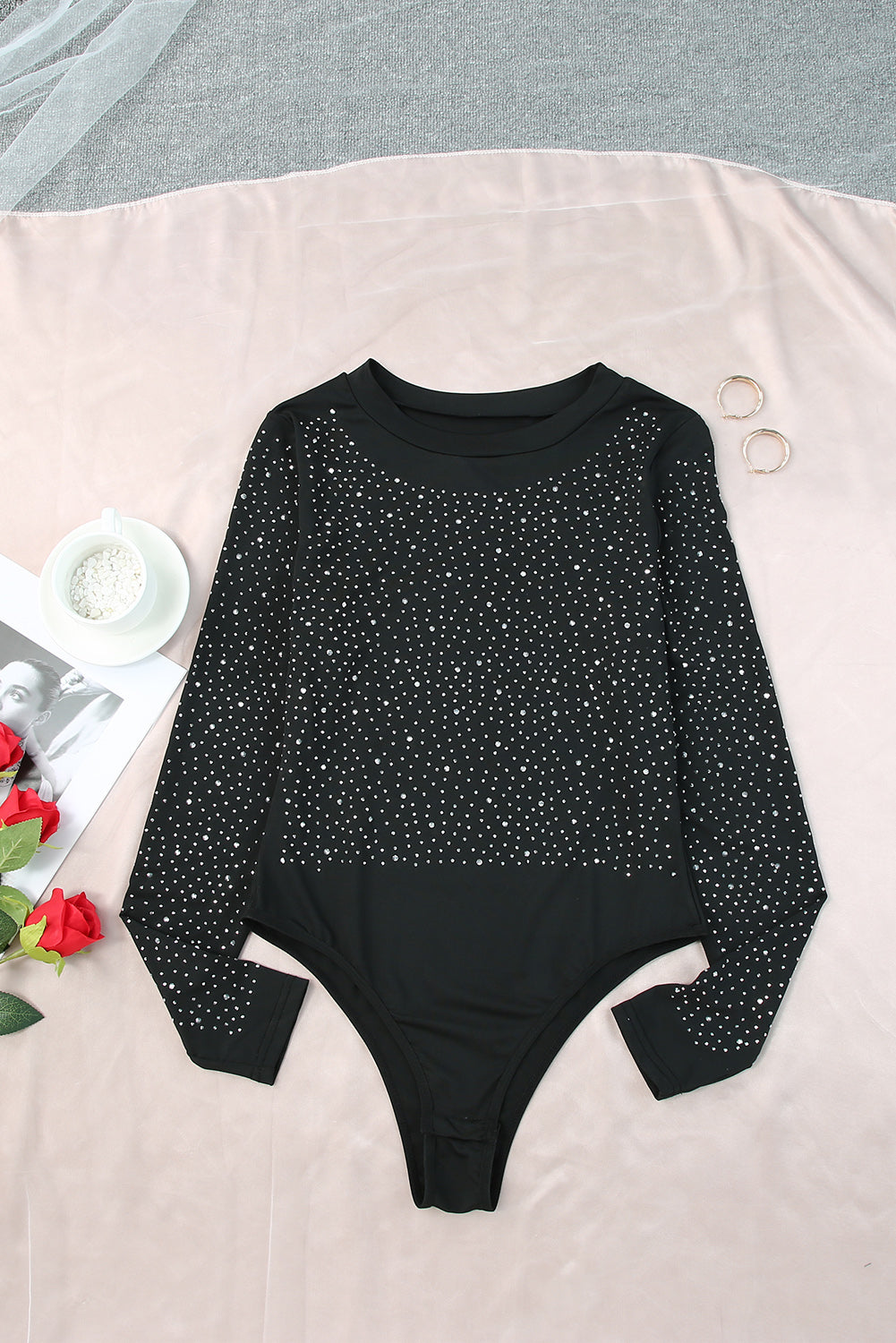 Green Rhinestone O-neck Long Sleeve Bodysuit