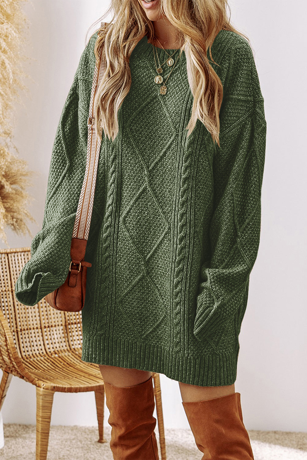 Parchment Cable Knit Drop Shoulder Loose Fit Sweater Dress