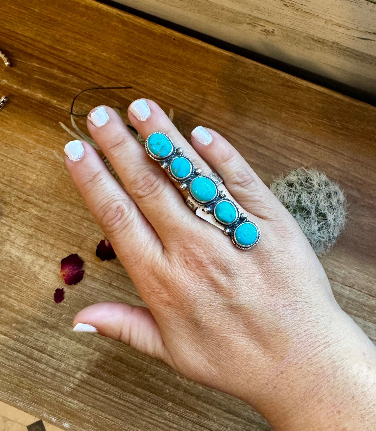 Long Ring- adjustable- Kingman turquoise ring and sterling silver