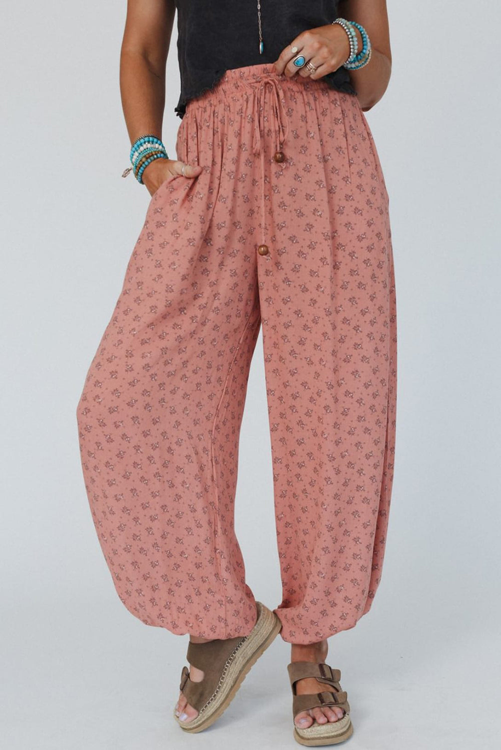 Pink Boho Floral Printed Wide Leg Jogger Pants