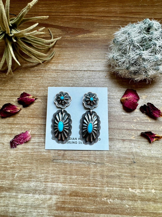 Long Sterling silver stud earrings and dangle with turquoise