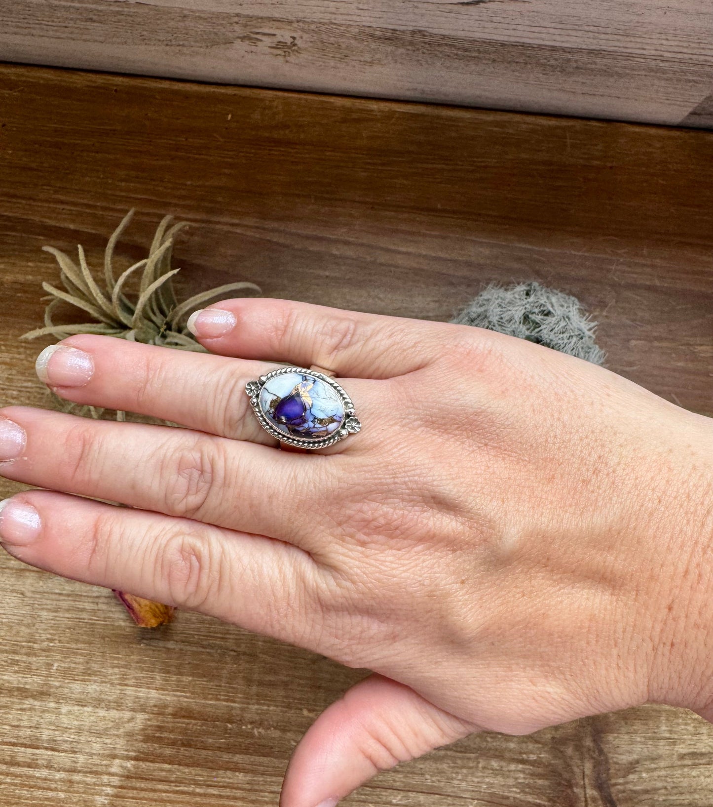 Oval rings - adjustable -Violet Rose ring and sterling silver