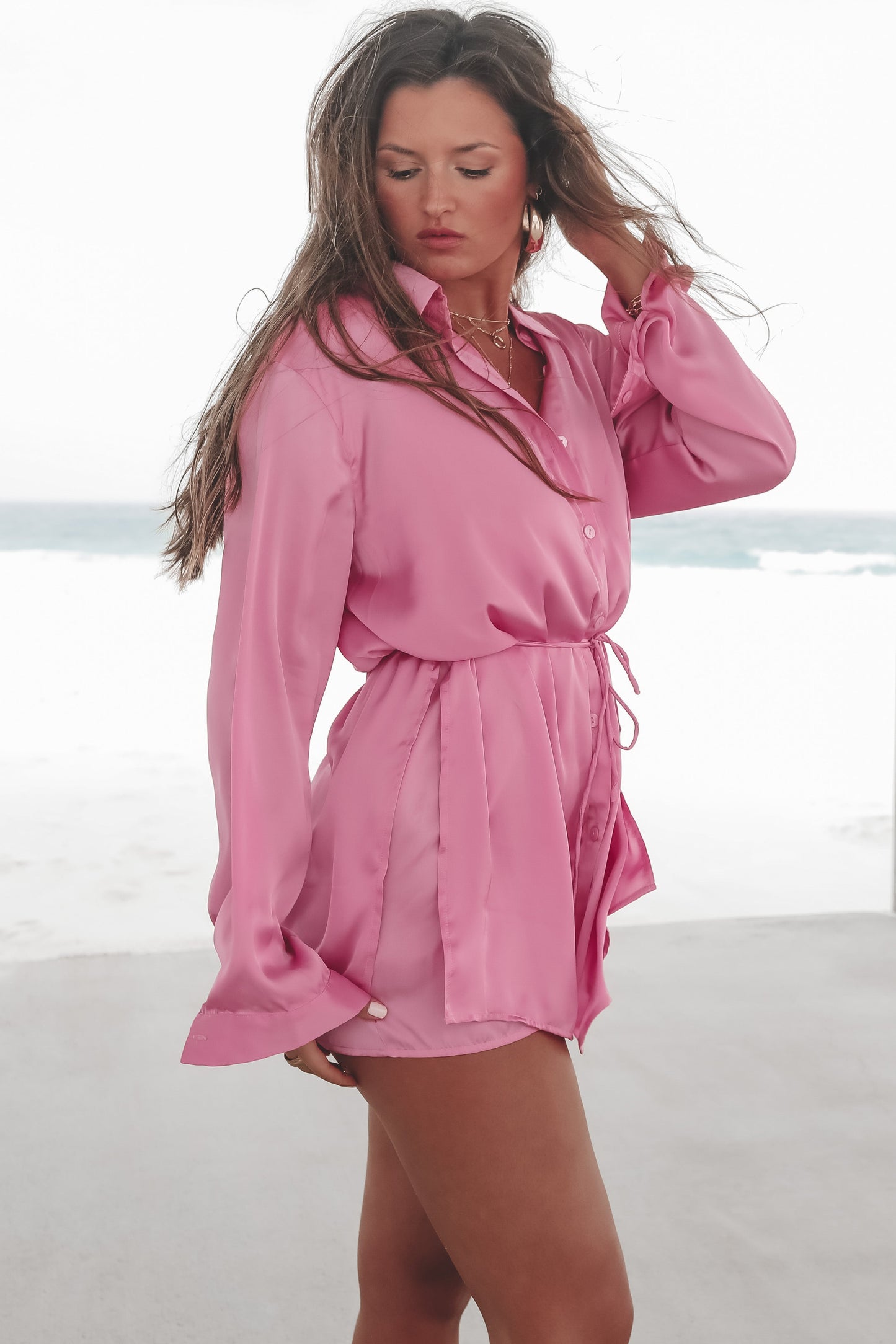 Giving Beverly Hills Satin Button Up Romper Dress