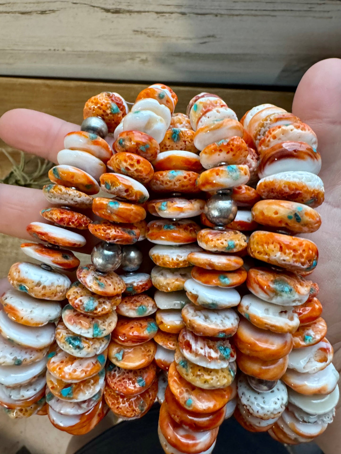 22 Inch orange spiny/turquoise, hematite and sterling silver pearls