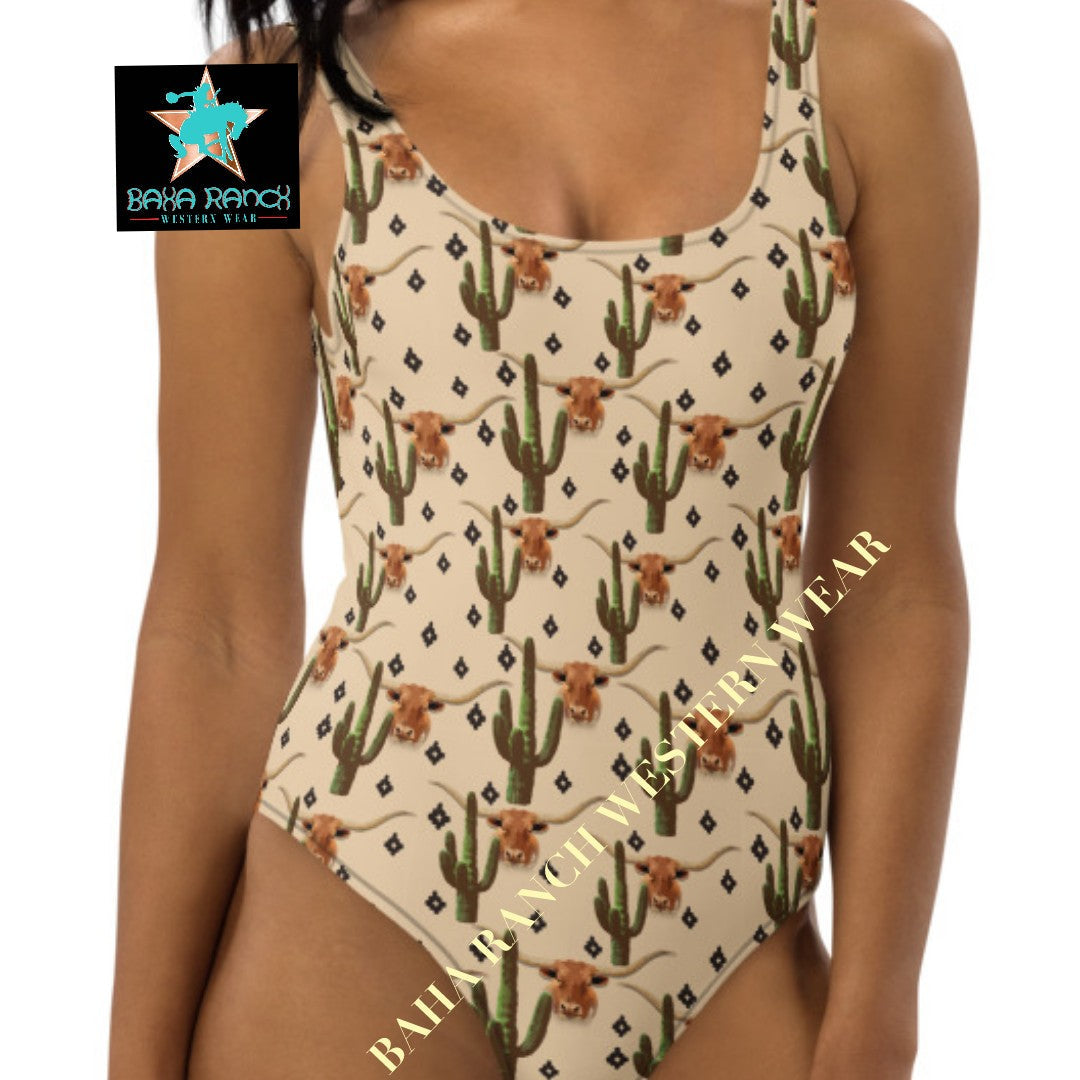 Yeehaw Longhorn Ranch Cactus One-Piece Swimsuit