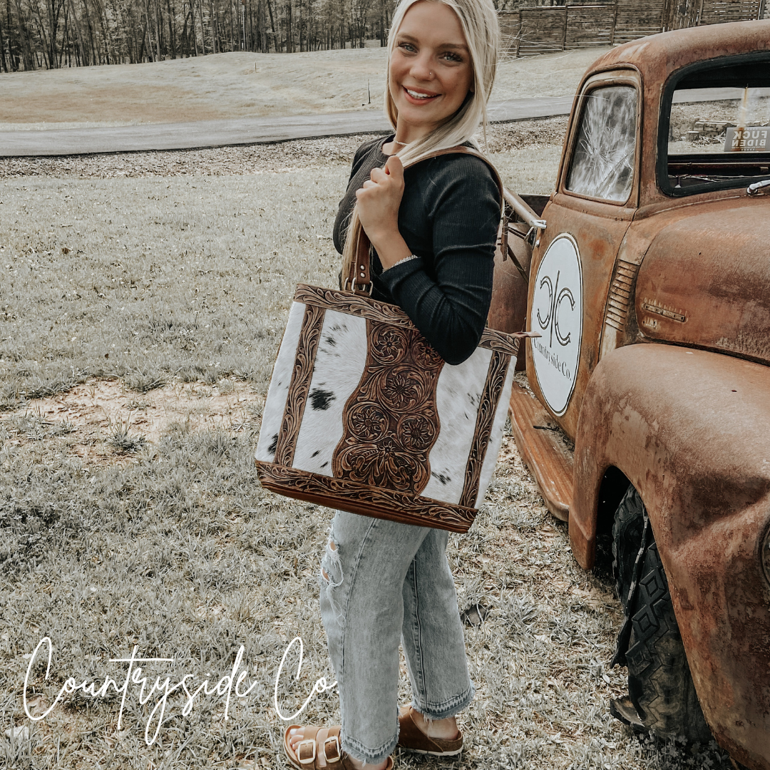 Lucille Cowhide and Tooled Leather Tote  Bag