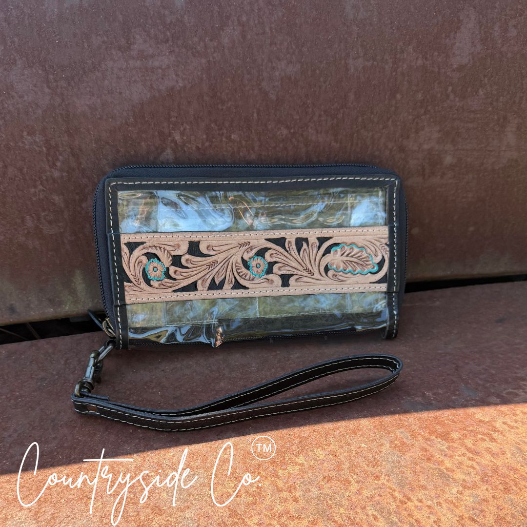 Scarlett Tooled Leather Clear Wristlet - Wallet