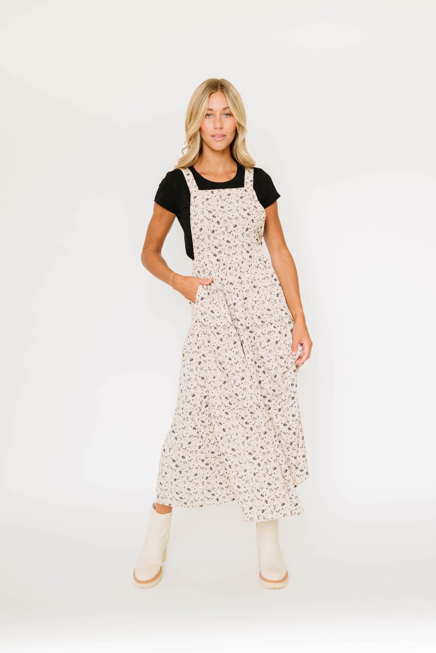 Shay Overall Dress in Black Floral Taupe