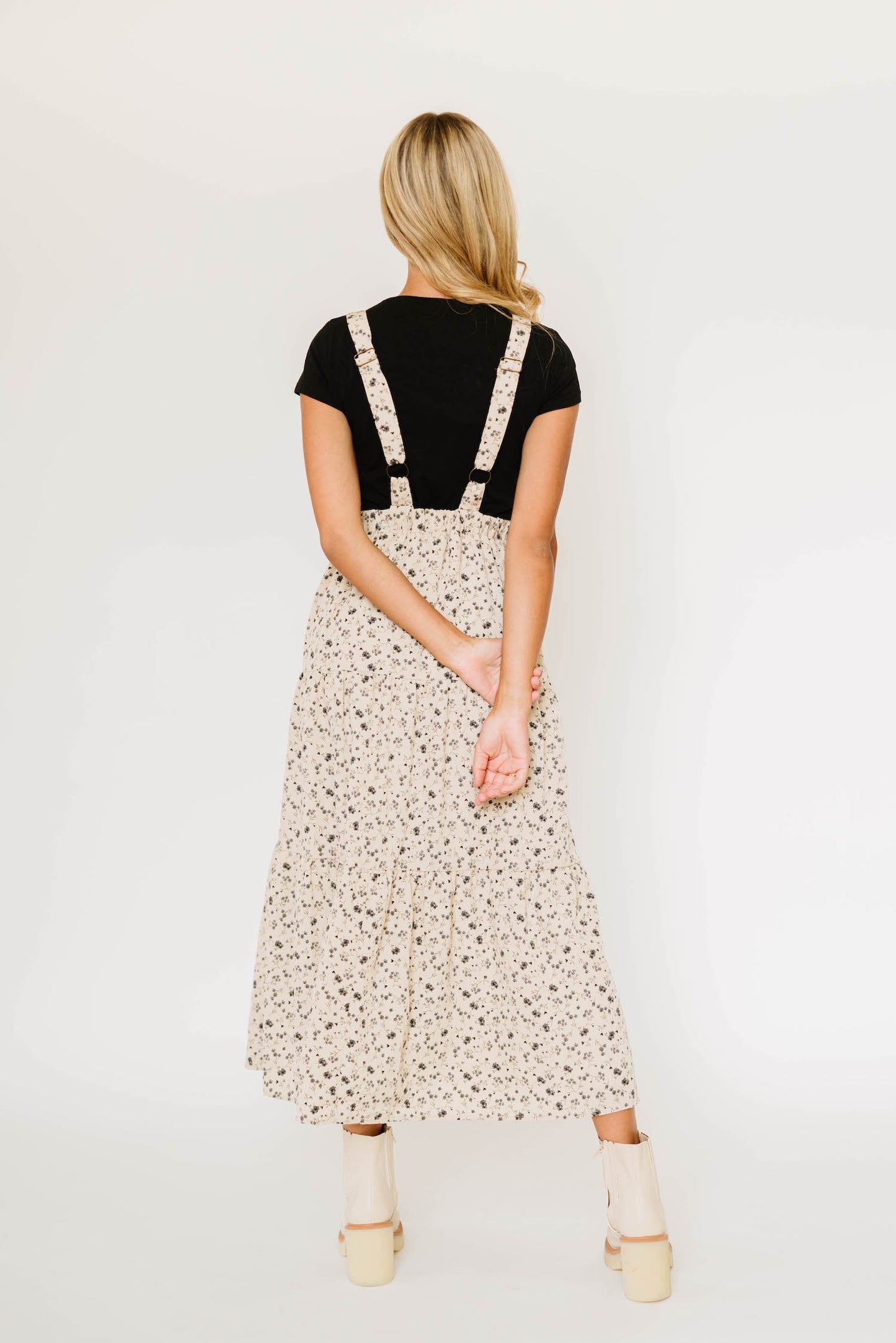 Shay Overall Dress in Black Floral Taupe