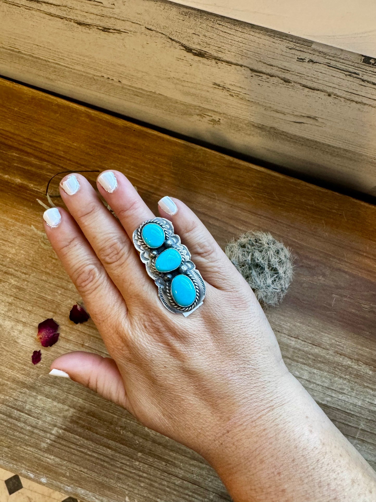 Long Ring- adjustable- 3 stone turquoise ring and sterling silver