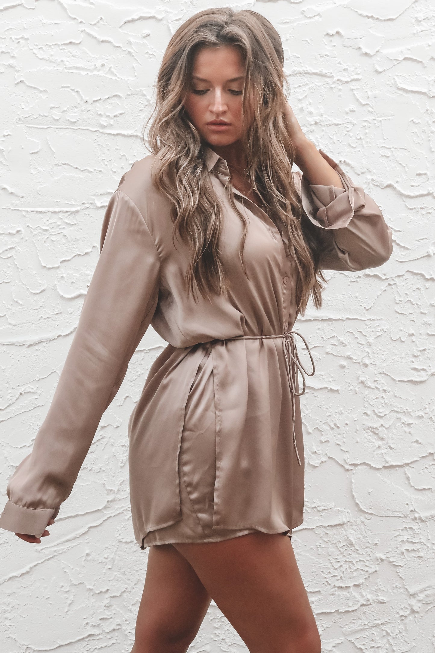 Giving Beverly Hills Satin Button Up Romper Dress