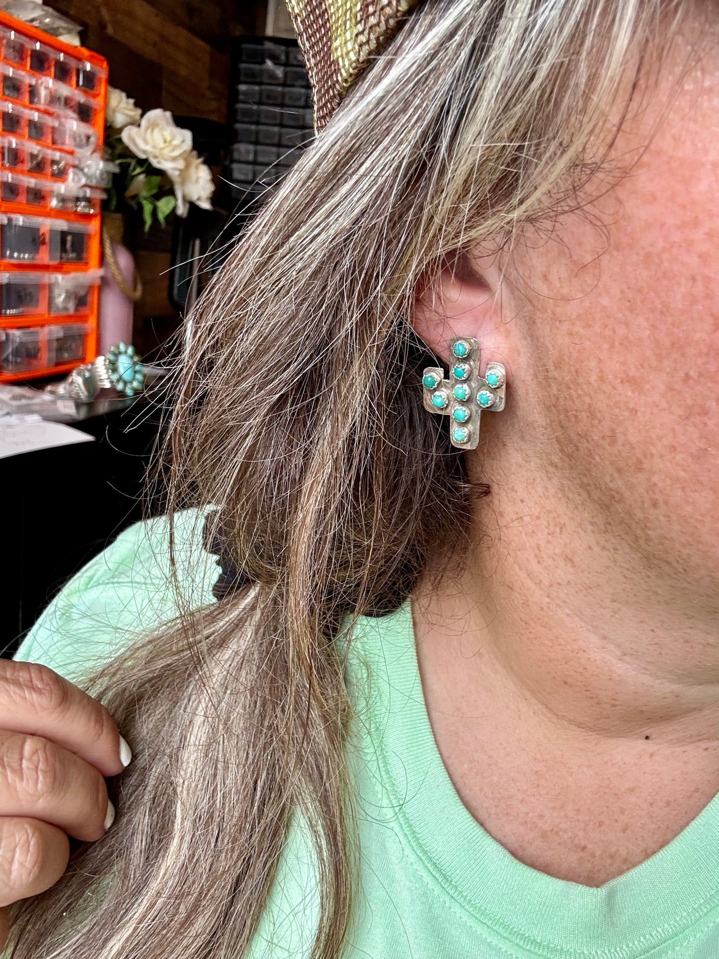 Cactus earrings stud - sterling silver and turquoise