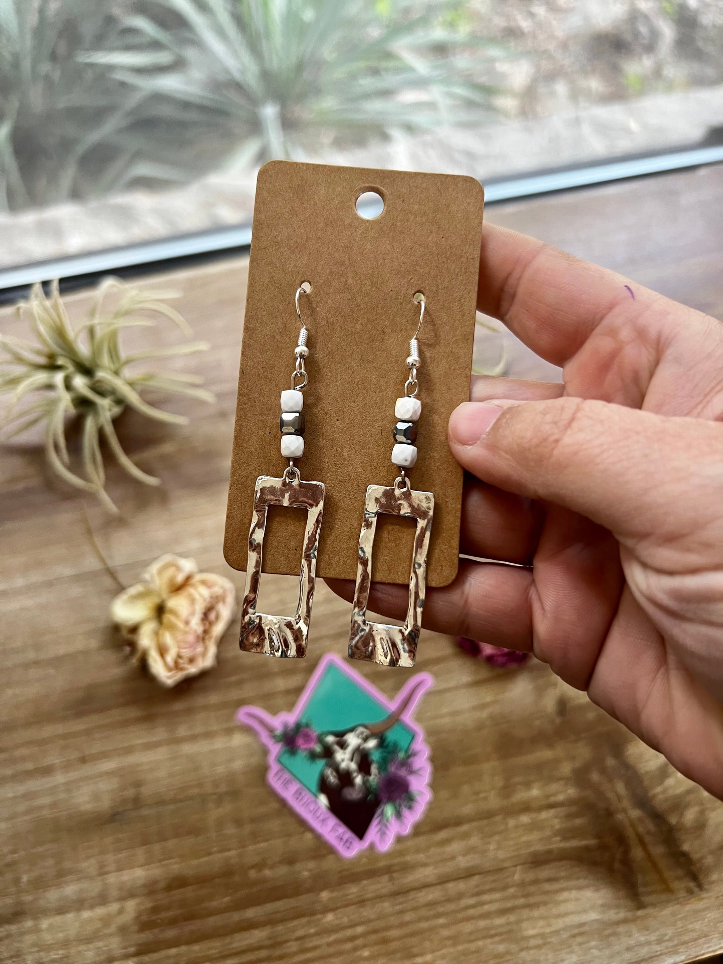 White magensite and terahertz stone dangle earrings