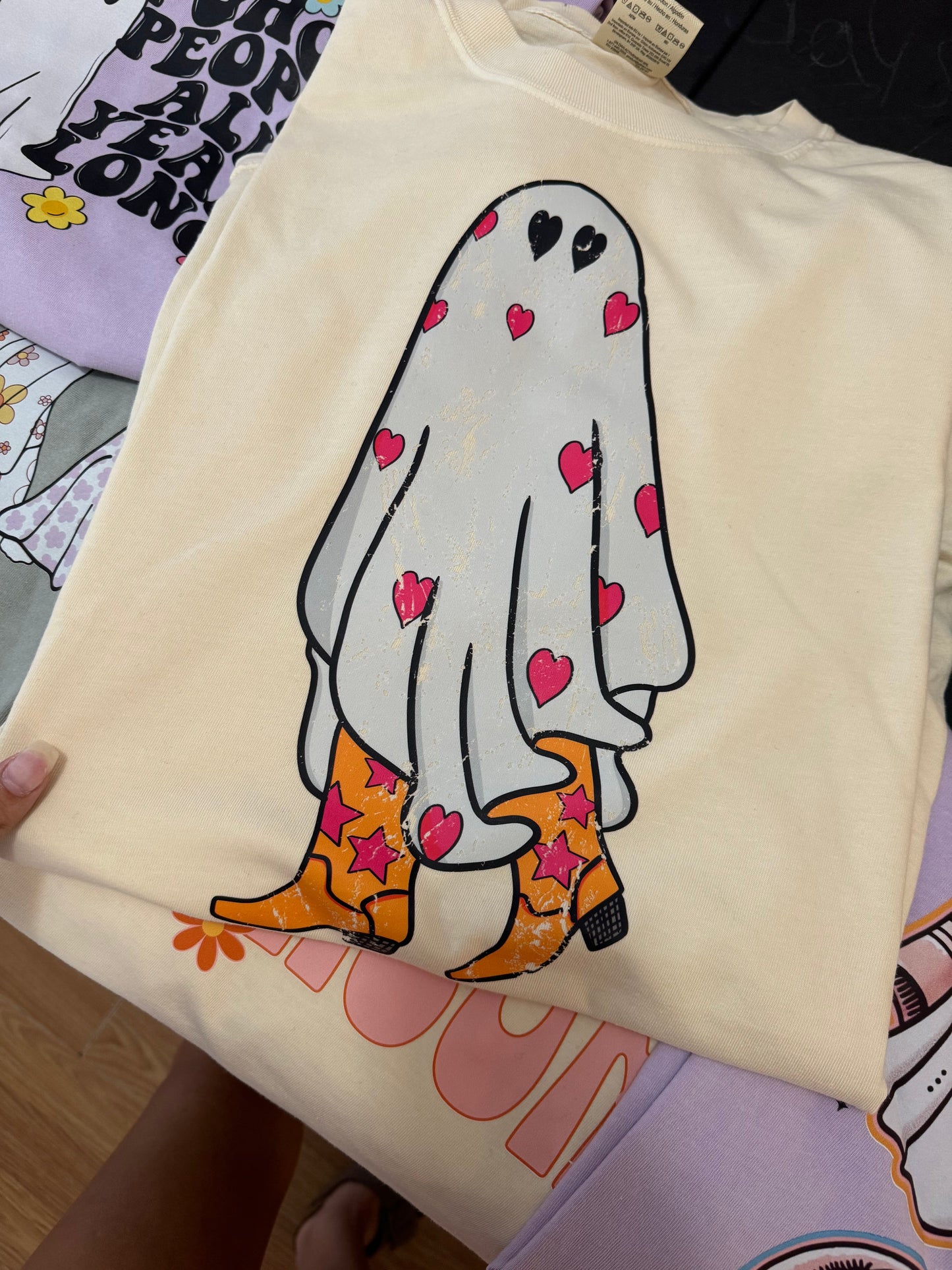 Cowboy boot ghost with hearts tee & sweatshirt