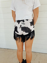 Load image into Gallery viewer, Cow Print Fringe Shorts
