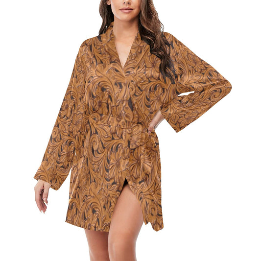 Tooled Leather Print Bronc Women's Long Sleeve Belted Satin Feel Dressing Lounge Robe