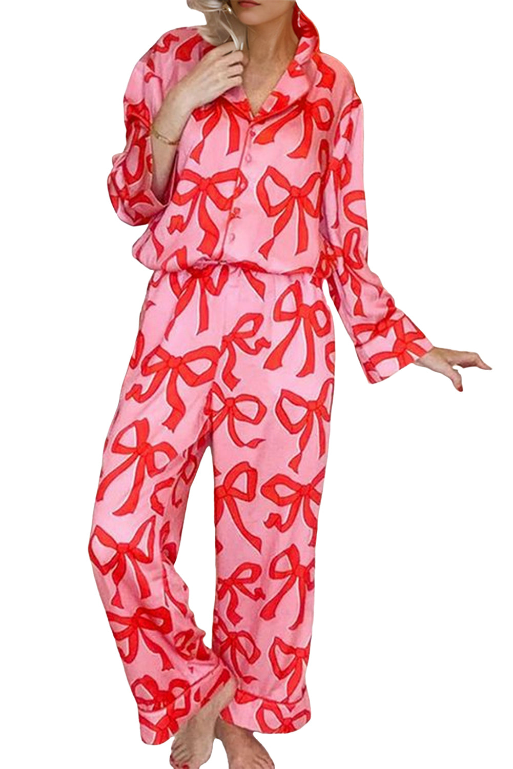 Pink 2pcs Bow Print Shirt Style Long Sleeve Pajama Set