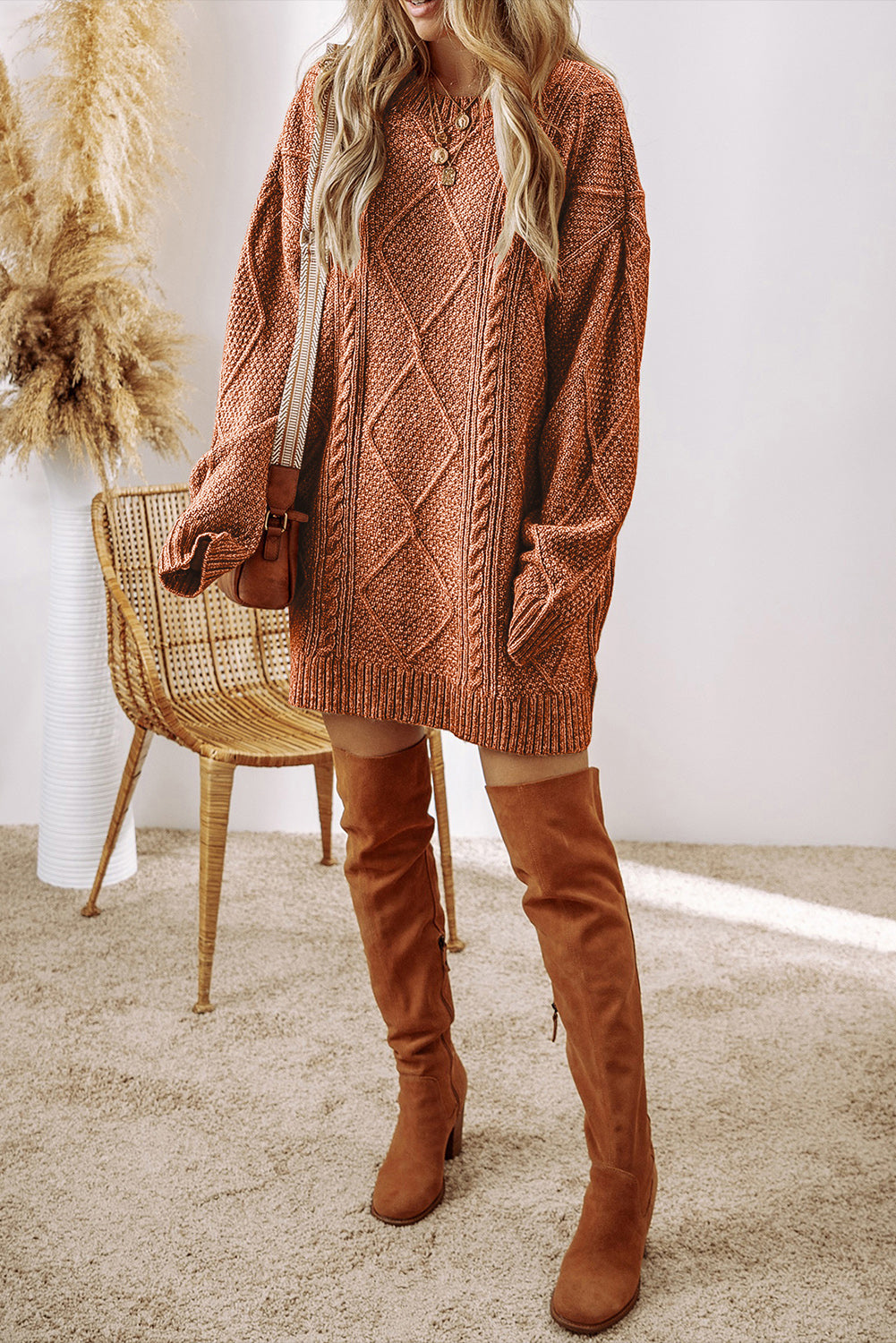 Parchment Cable Knit Drop Shoulder Loose Fit Sweater Dress