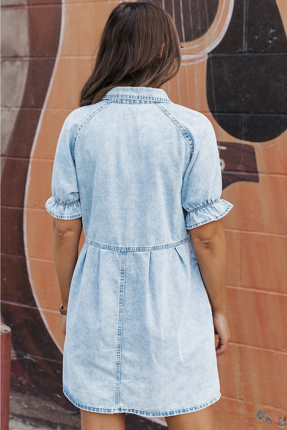 Medium Grey Mineral Wash Ruffled Short Sleeve Buttoned Denim Dress