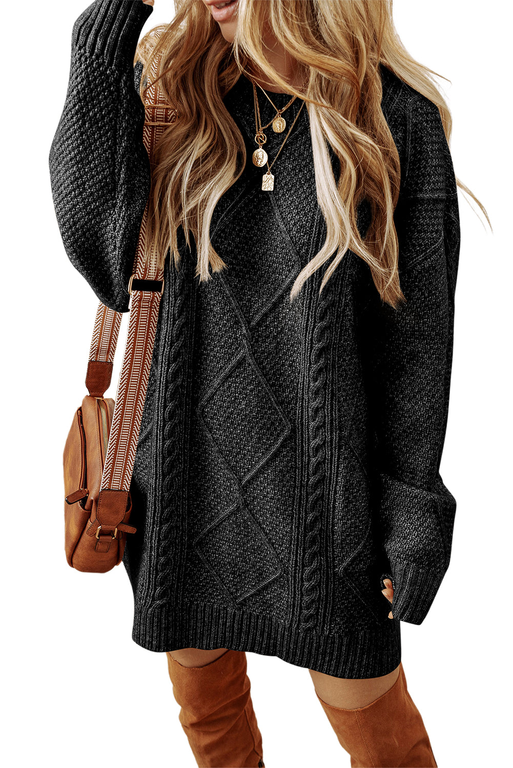 Parchment Cable Knit Drop Shoulder Loose Fit Sweater Dress