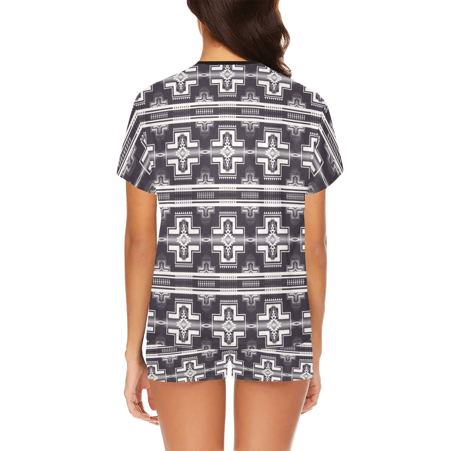 Black White Aztec  Women's Western T shirt Shorts Pajama Set