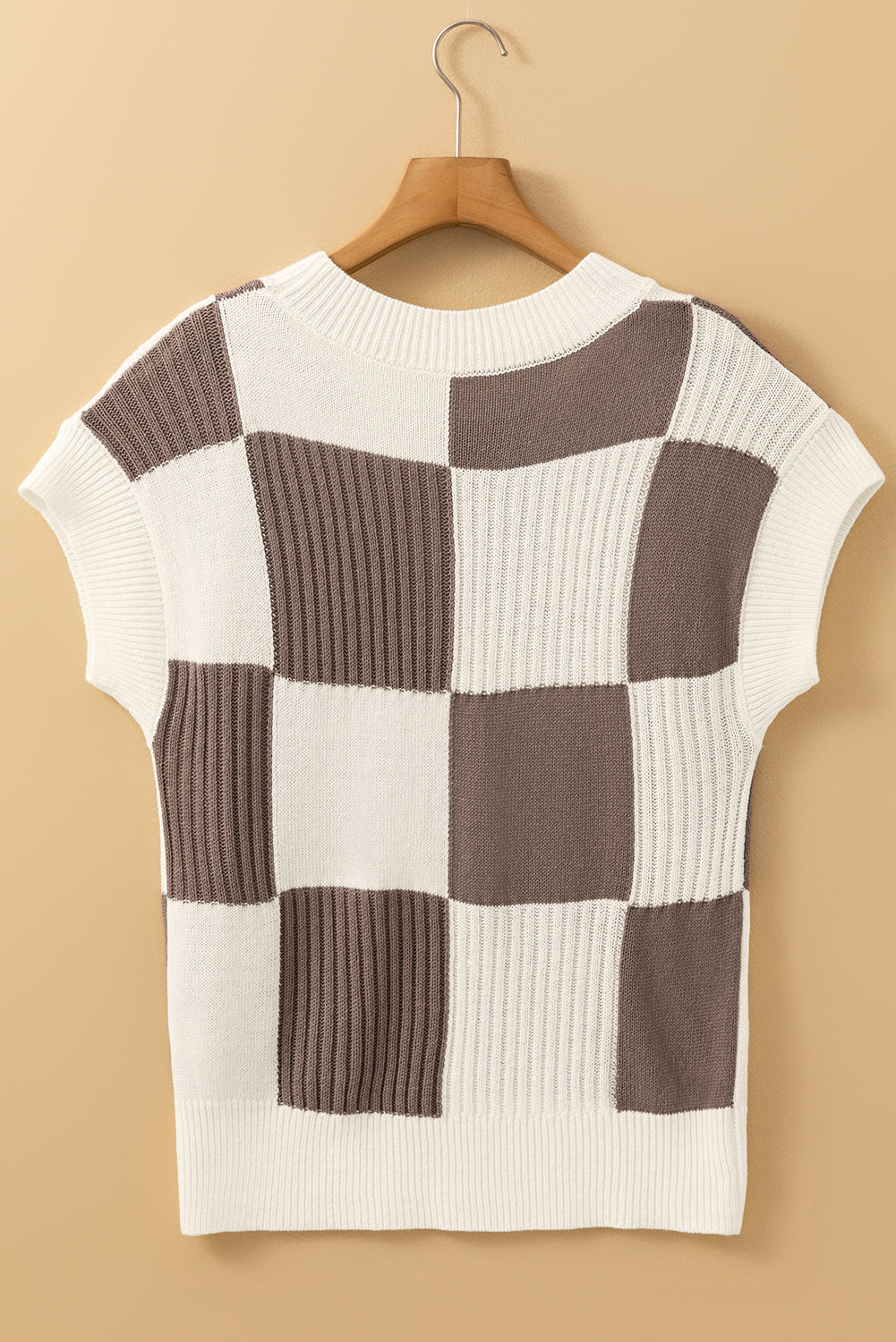 Black Checkered Color Block Crew Neck Short Sleeve Sweater