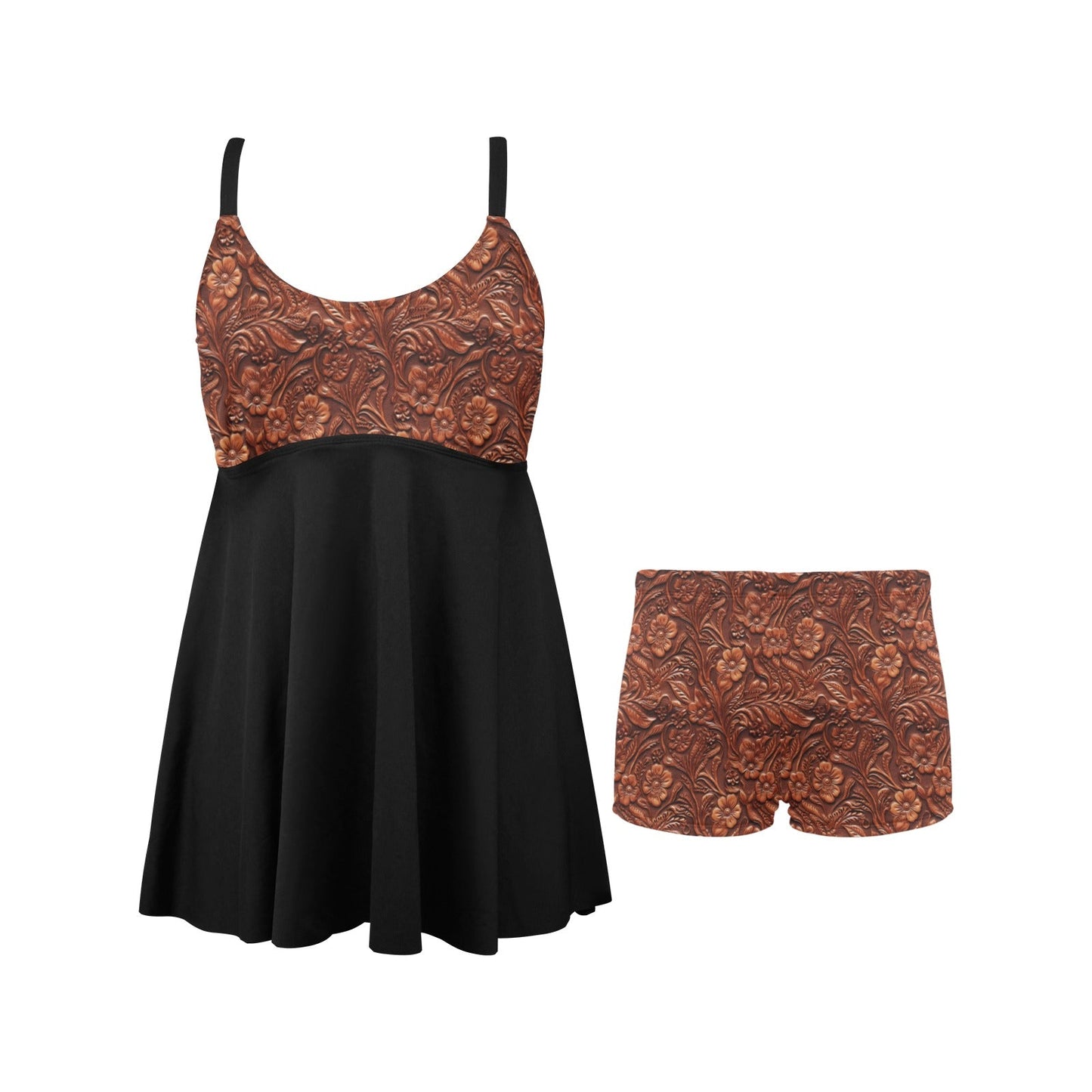 Tooled Leather Print Swim Dress & Shorts Set