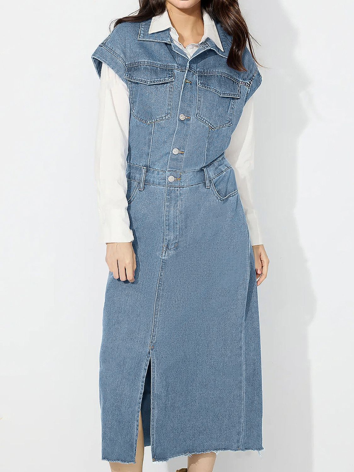 Slit Half Button Collared Neck Cap Sleeve Denim Dress