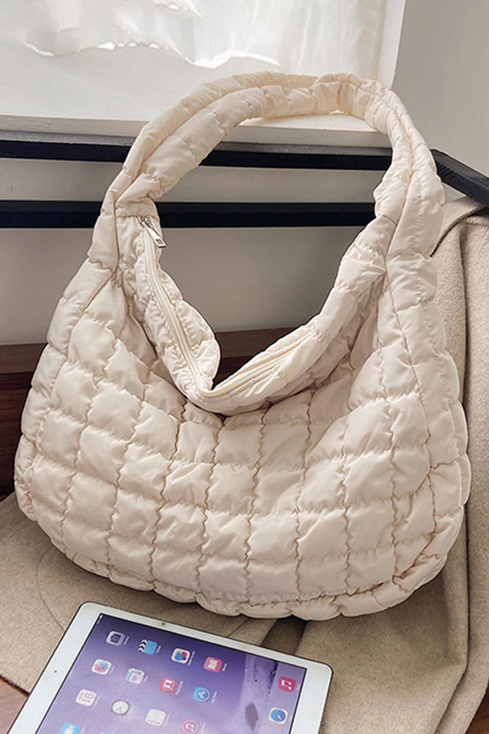 Light French Beige Quilted Zipper Large Shoulder Bag