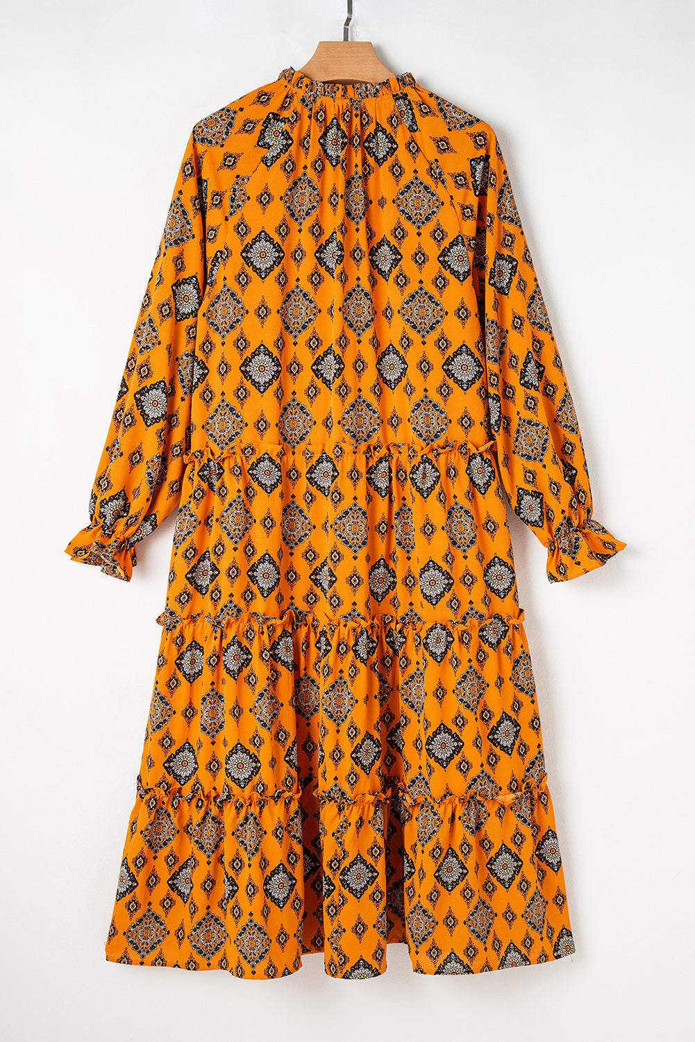 Orange Western Geometric Print Tiered Frilled Loose Fit Midi Dress