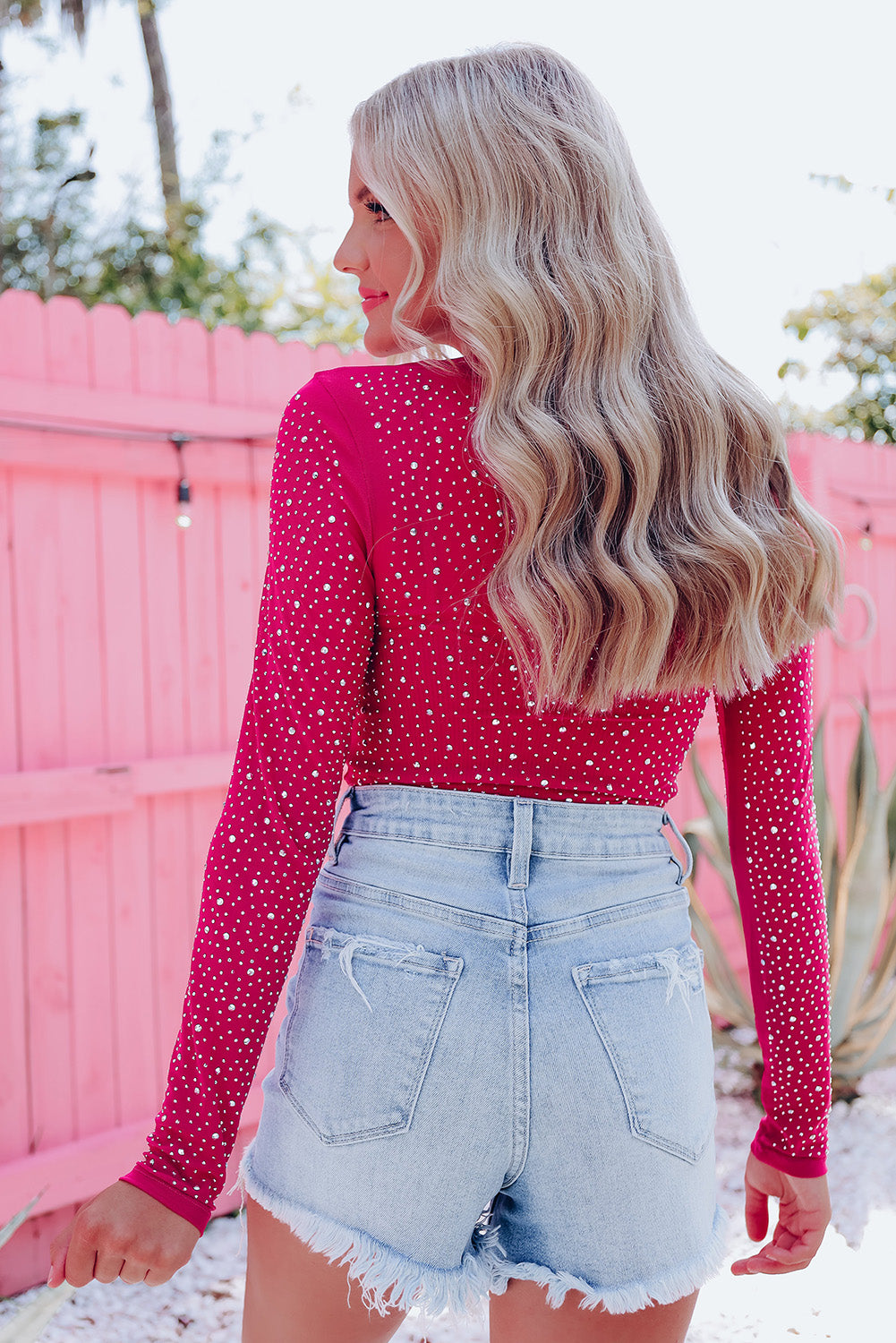 Green Rhinestone O-neck Long Sleeve Bodysuit