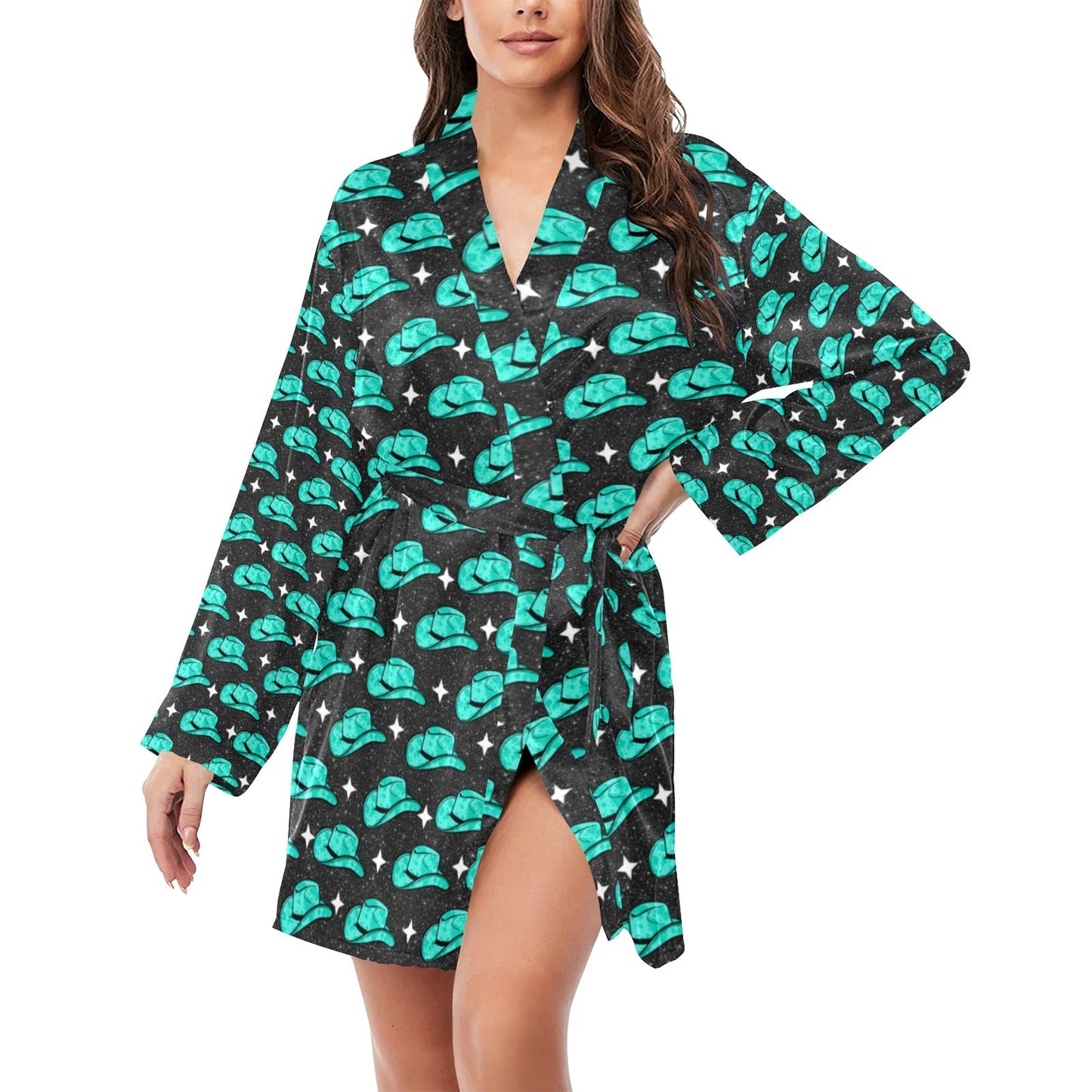 Turquoise cowgirl Hat Women's Belted Satin Feel Dressing Lounge Robe