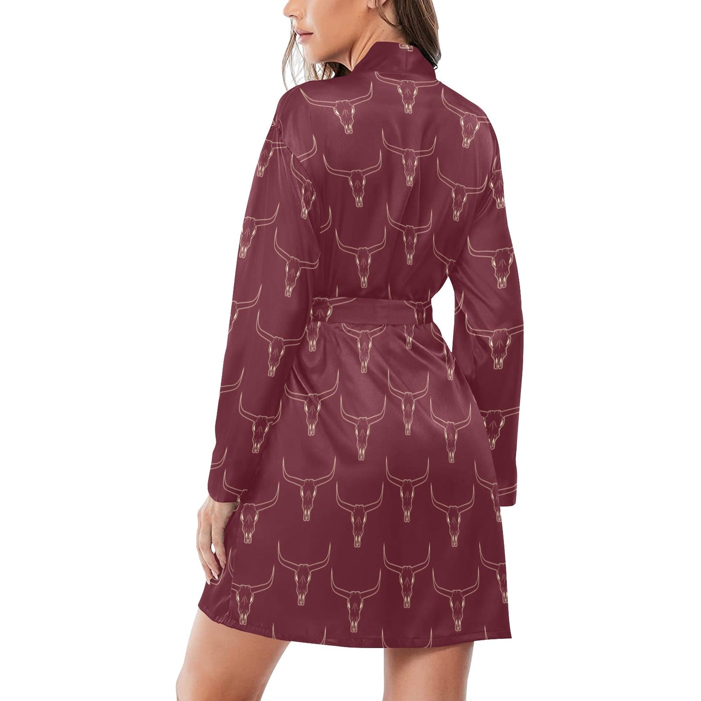 Burgandy Longhorn Women's Belted Satin Feel Dressing Lounge Robe