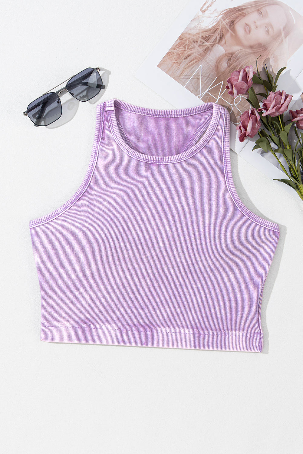 Tillandsia Purple Ribbed Mineral Wash Racerback Cropped Tank Top