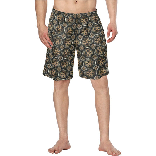 Brown Black Aztec Men's Western Swim Trunk Board Shorts