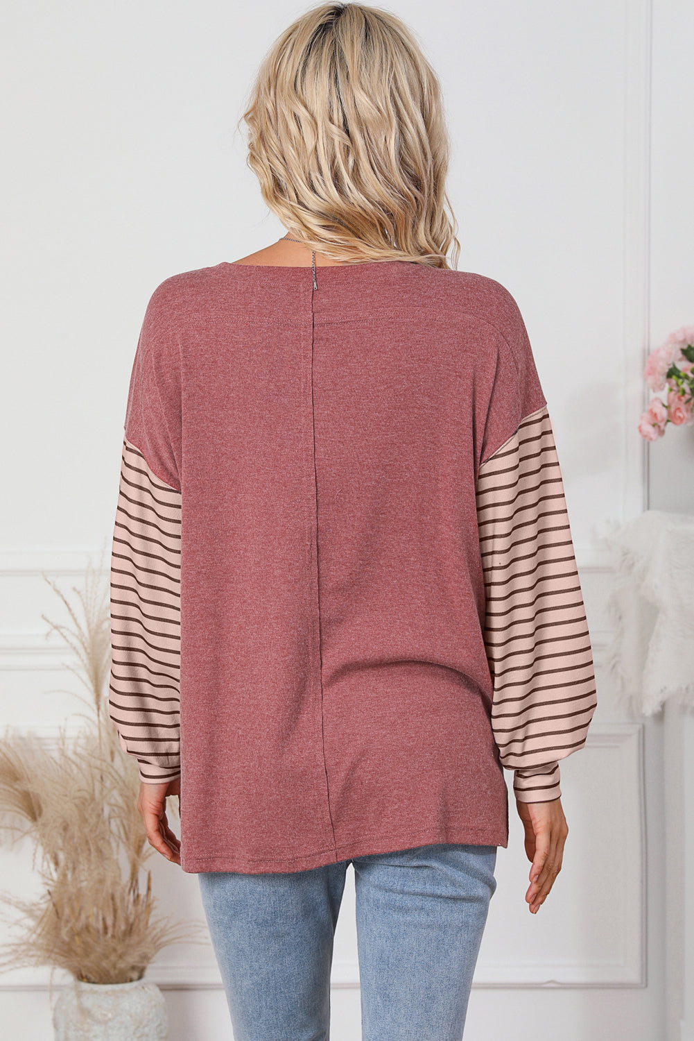 Gray Colorblock Striped Bishop Sleeve Top