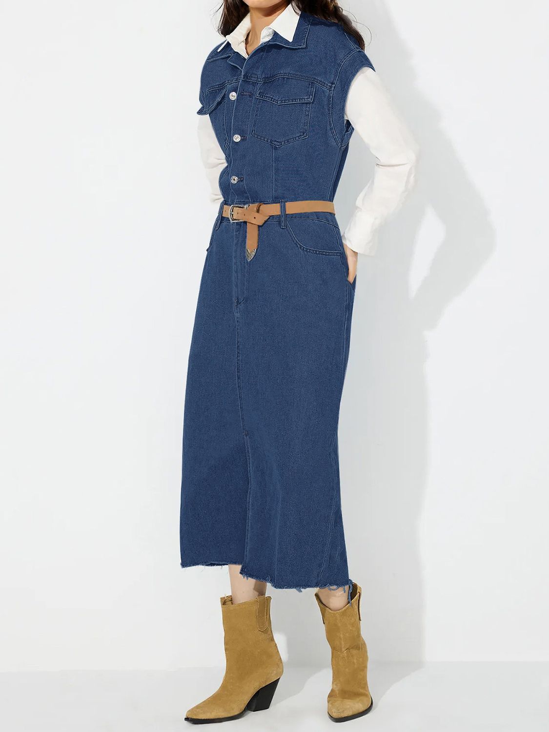 Slit Half Button Collared Neck Cap Sleeve Denim Dress