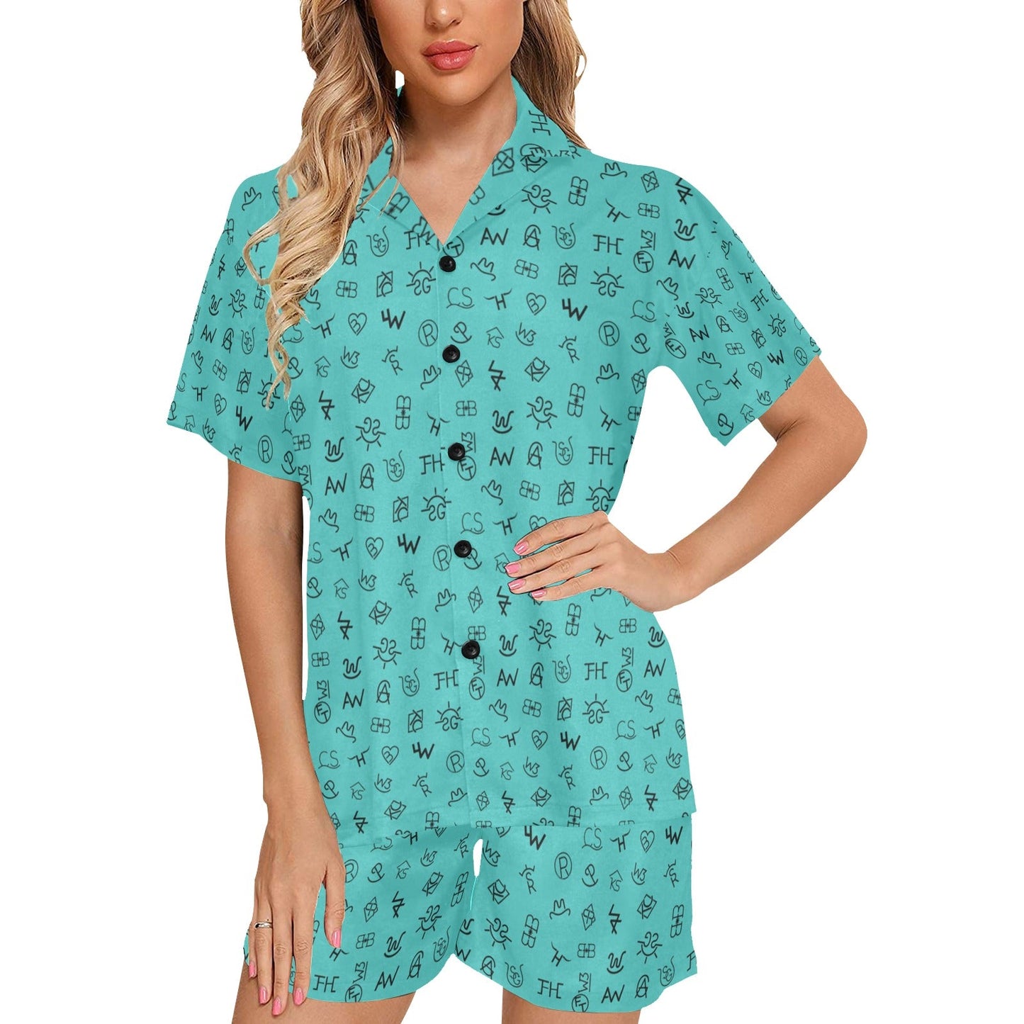 Mini Turquoise Cattle Brands Women's Western pajama Set