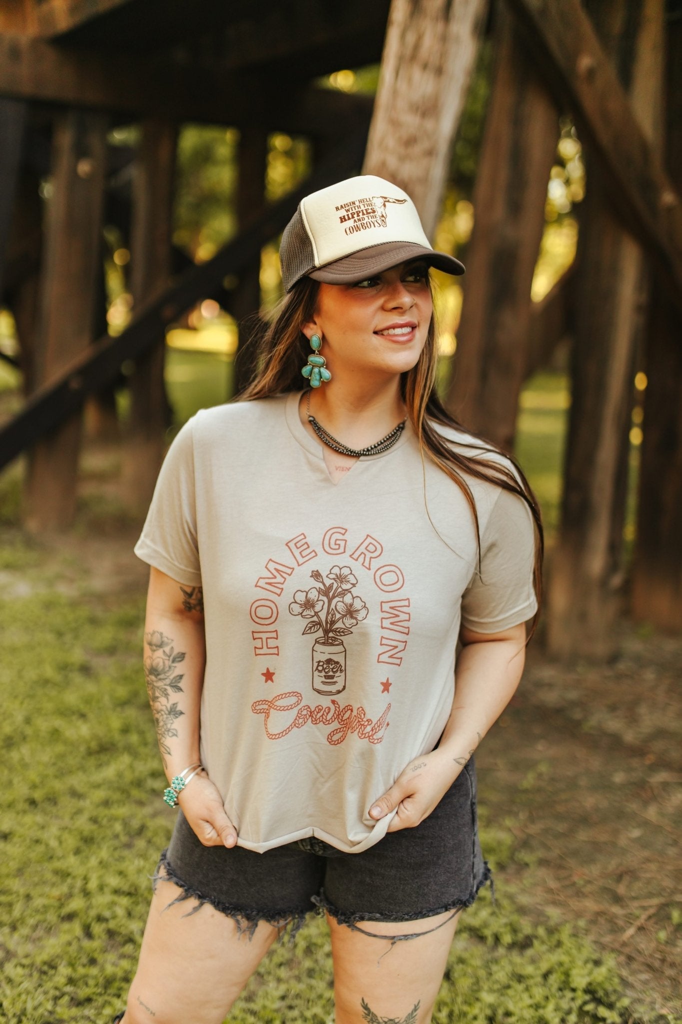 Homegrown Cowgirl Raw V - neck Graphic TeeTanS