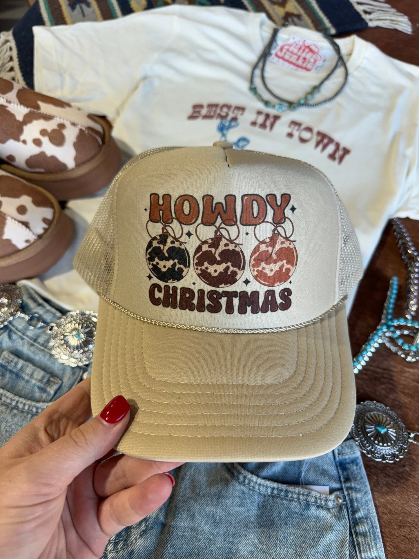 Howdy Christmas Ornaments Trucker HatTan