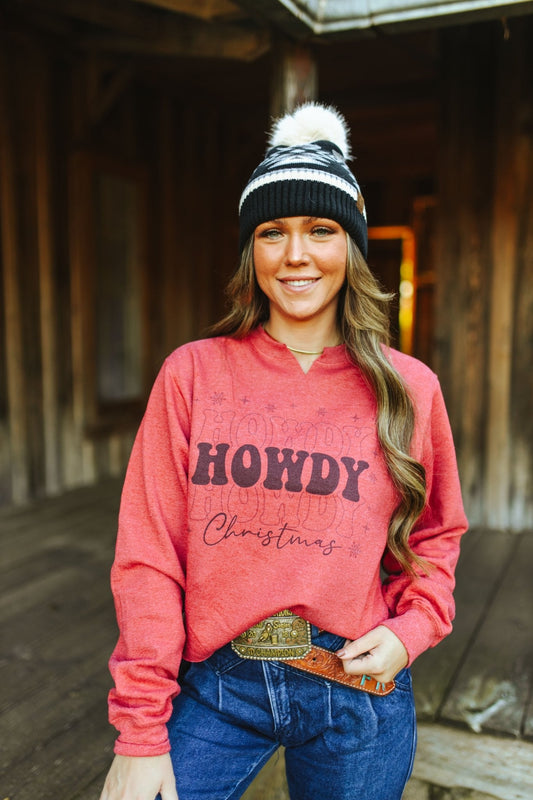 Howdy Christmas Raw Hem V - Neck Crop Graphic SweatshirtHeather RedS