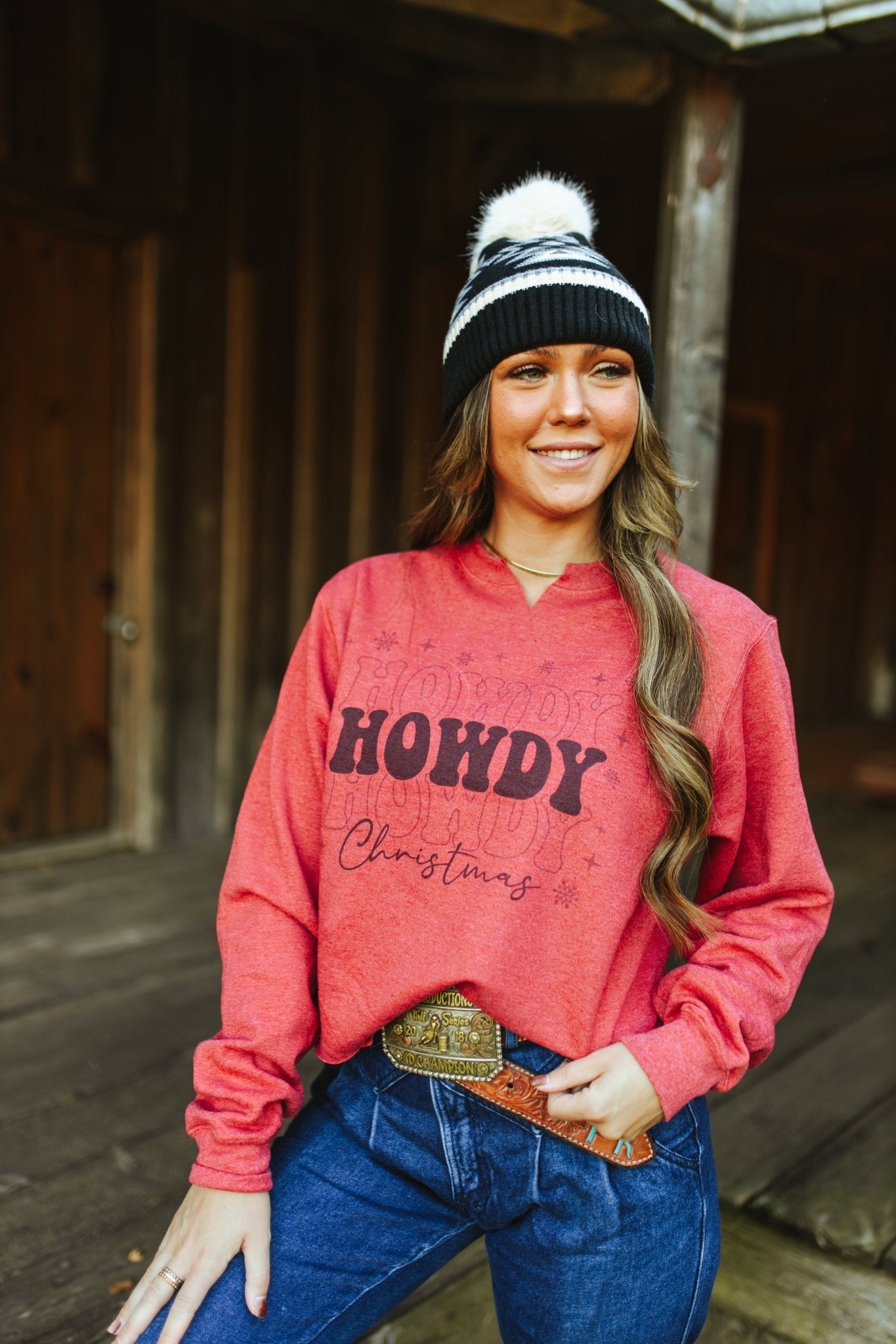 Howdy Christmas Raw Hem V-Neck Crop Graphic Sweatshirt