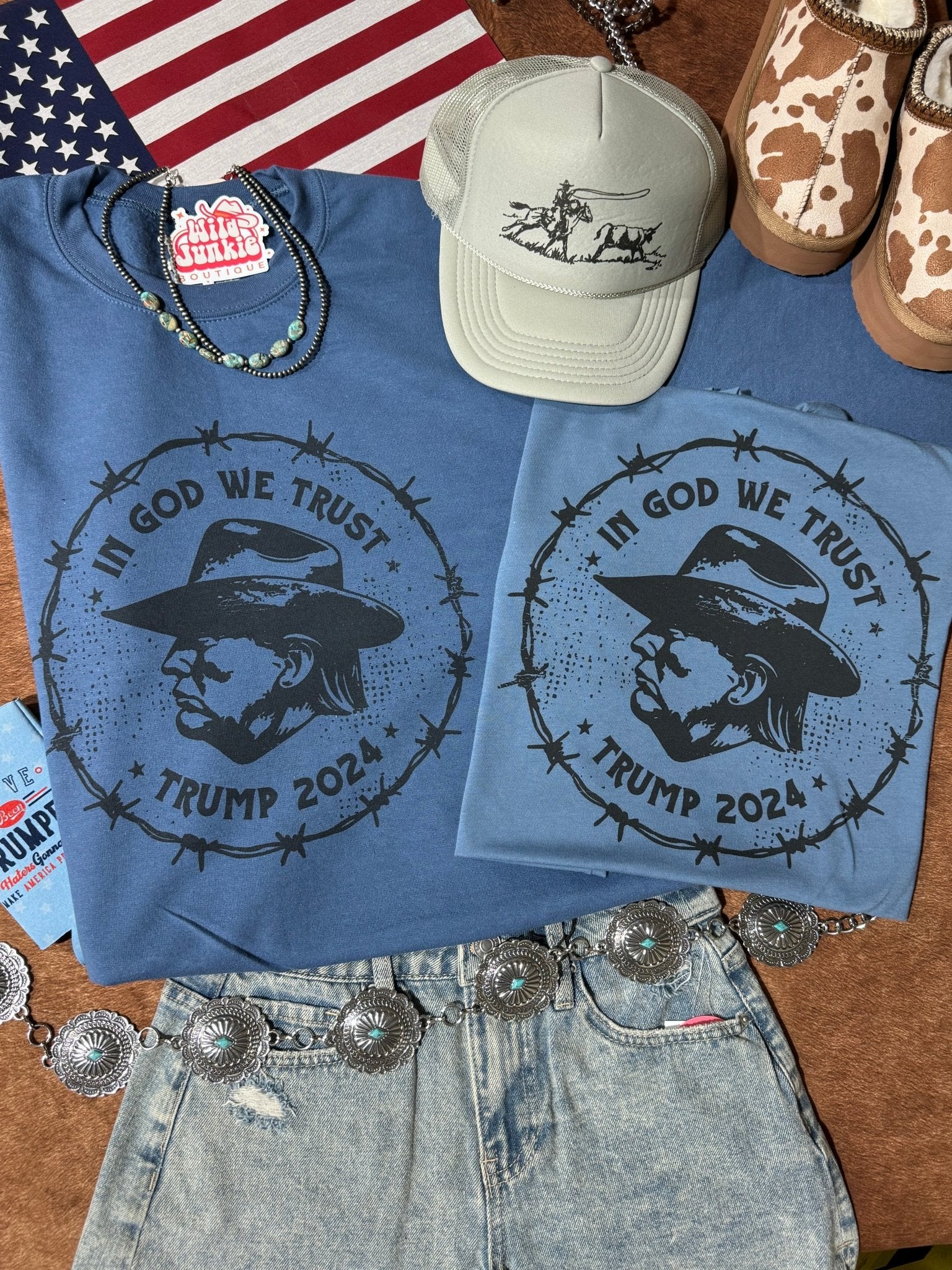 In God We Trust Cowboy Trump Graphic SweatshirtIndigo BlueS