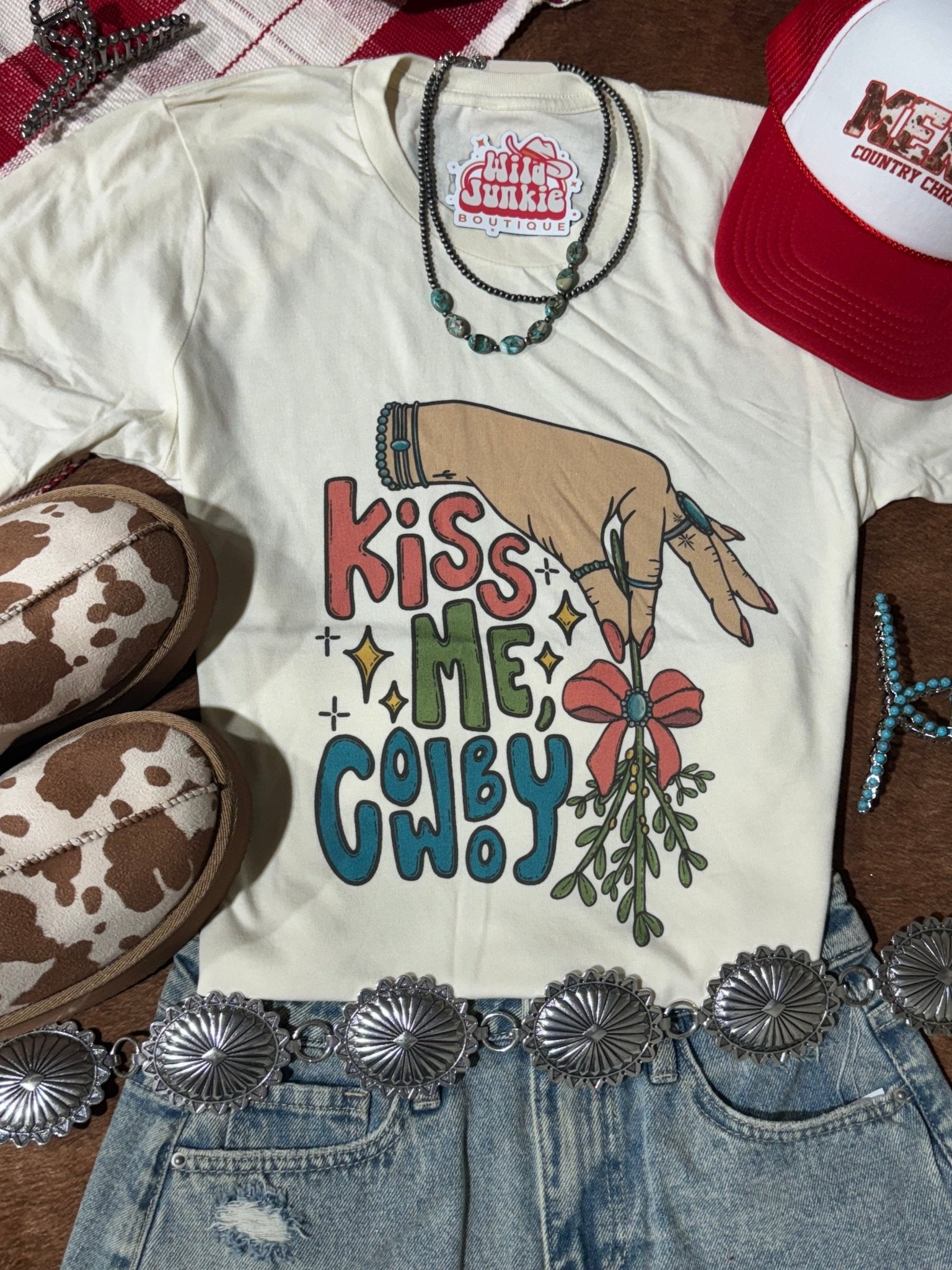 Kiss Me Cowboy Mistletoe Graphic TeeNaturalS