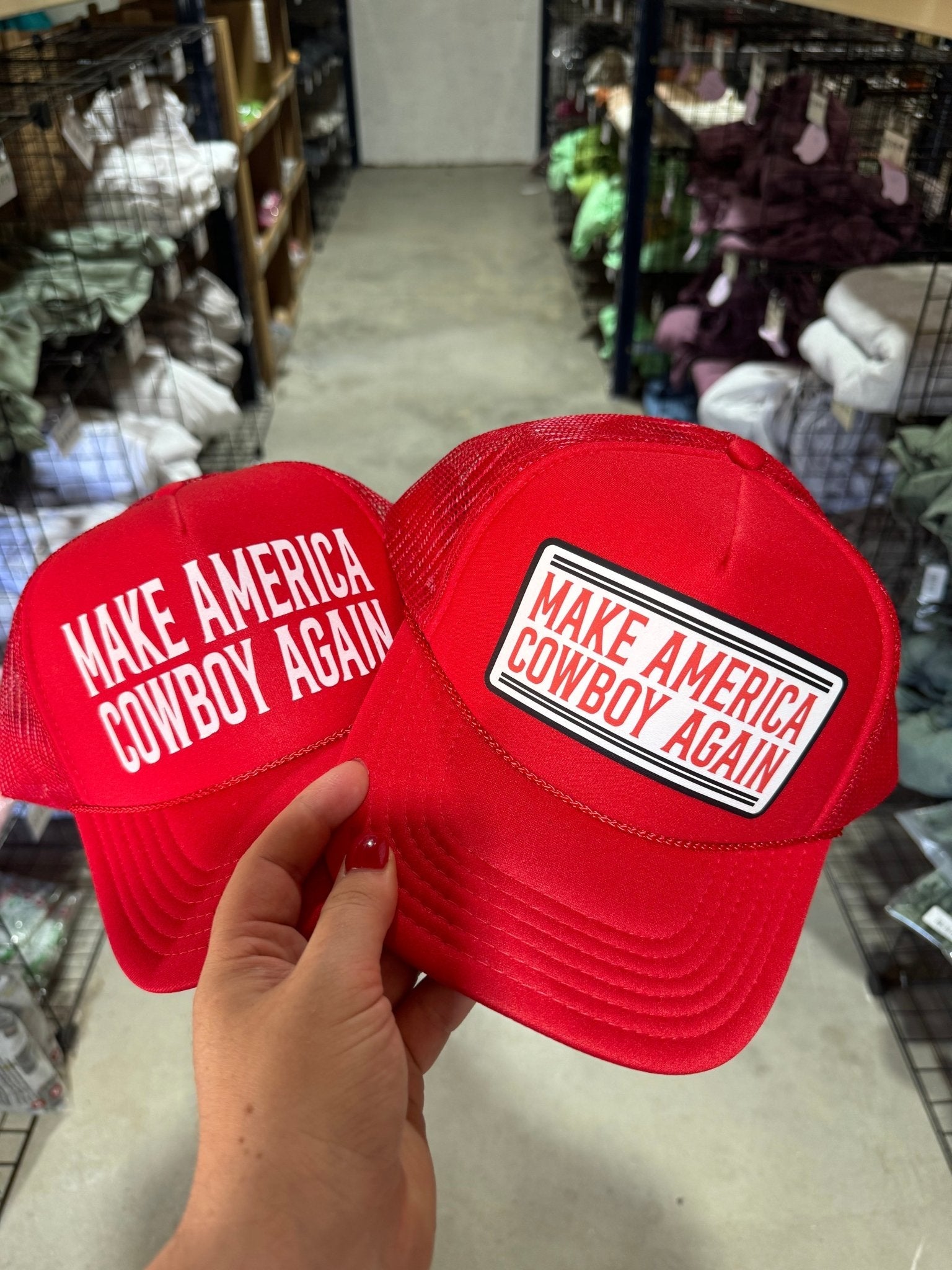 Make America Cowboy Again Banner Trucker HatRedOS